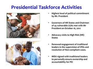 • Highest level of political commitment
by Mr. President
• Governors of HR States and Chairmen
of 45 vulnerable LGAs met with Mr
President on October 16, 2012
• Advocacy visits to High Risk (HR)
States
• Renewed engagement of traditional
leaders in the supervision of IPDs and
resolution of Non-compliant cases.
• MOU signed with traditional leaders
to personally ensure ownership and
accountability for PEI
Presidential Taskforce Activities
 