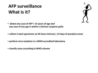 AFP surveillance
What is it?
• detect any case of AFP < 15 years of age and
any case of any age in which a clinician suspects polio
• collect 2 stool specimens at 24 hours interval < 14 days of paralysis onset
• perform virus isolation in a WHO-accredited laboratory
• classify cases according to WHO scheme
 