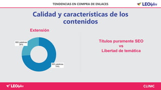 Calidad y características de los
contenidos
TENDENCIAS EN COMPRA DE ENLACES
Extensión
500 palabras
74%
800 palabras
26%
Títulos puramente SEO
vs
Libertad de temática
 