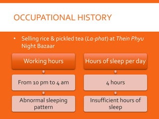 OCCUPATIONAL HISTORY
Working hours
From 10 pm to 4 am
Abnormal sleeping
pattern
Hours of sleep per day
4 hours
Insufficient hours of
sleep
• Selling rice & pickled tea (La-phat) at Thein Phyu
Night Bazaar
 