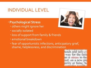 INDIVIDUAL LEVEL
 Psychological Stress
 others might ignore her
 socially isolated
 loss of support from family & friends
 emotional breakdown
 fear of opportunistic infections, anticipatory grief,
shame, helplessness, and discrimination
 