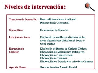 Niveles de intervención: Sintomática: Limpieza de Areas: Estructura de Carácter: Elaboración de Mecanismos Defensivos Erradicación de Síntomas Disolución de conflictos al interior de las áreas afectadas que dificultan el Logro y Goce creativo Disolución de Rasgos de Carácter Críticos. Trastornos de Desarrollo: Reacondicionamiento Ambiental Aparato Mental: Reestructuración Aparato Mental Elaboración de Transferencias Reaprendizaje Conductual Elaboración de Traumas Elaboración de Experiencias Afectivas Cumbres 