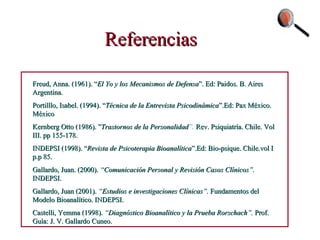 Referencias Freud, Anna. (1961). “ El Yo y los Mecanismos de Defensa ”. Ed: Paidos. B. Aires Argentina. Portilllo, Isabel. (1994). “ Técnica de la Entrevista Psicodinámica ”.Ed: Pax México. México Kernberg Otto (1986). ” Trastornos de la Personalidad ”.  Rev. Psiquiatría. Chile. Vol III. pp 155-178. INDEPSI (1998). “ Revista de Psicoterapia Bioanalítica ”.Ed: Bio-psique. Chile.vol  I  p.p   85 . Gallardo, Juan. (2000).  “Comunicación Personal y Revisión Casos Clínicos”.  INDEPSI. Gallardo, Juan (2001).  “Estudios e investigaciones Clínicas”.  Fundamentos del Modelo Bioanalítico. INDEPSI. Castelli, Yemma (1998).  “Diagnóstico Bioanalítico y la Prueba Rorschach”.  Prof. Guía: J. V. Gallardo Cuneo. 