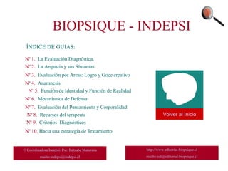 BIOPSIQUE - INDEPSI ÍNDICE DE GUIAS: Nº 1.  La Evaluación Diagnóstica. Nº 3.  Evaluación por Areas: Logro y Goce creativo Nº 4.  Anamnesis Nº 5.  Función de Identidad y Función de Realidad  Nº 6.  Mecanismos de Defensa Nº 2.  La Angustia y sus Síntomas Volver al Inicio Nº 7.  Evaluación del Pensamiento y Corporalidad  Nº 8.  Recursos del terapeuta  Nº 9.  Criterios  Diagnósticos  Nº 10.  Hacia una estrategia de Tratamiento http://www.editorial-biopsique.cl mailto:edi@editorial-biopsique.cl © Coordinadora Indepsi: Psc. Betzabe Maturana mailto:indepsi@indepsi.cl 