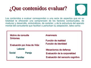 ¿Que contenidos evaluar? Motivo de consulta Función de realidad Los contenidos a evaluar corresponden a una serie de aspectos que en su totalidad te ofrecerán una comprensión de los factores conductuales, de madurez y desarrollo, sintomáticos, de carácter, y de la estructura del aparato mental del consultante que facilitan o perturban su adaptación, tales como: Mecanismos de defensa Síntomas Anamnesis Evaluación por Area de Vida: Función de identidad Evaluación del sensorio cognitivo Evaluación de la corporalidad Social Familiar Pareja Laboral 