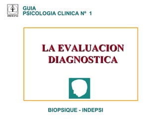 GUIA
PSICOLOGIA CLINICA Nº 1
BIOPSIQUE - INDEPSI
LA EVALUACIONLA EVALUACION
DIAGNOSTICADIAGNOSTICA
 