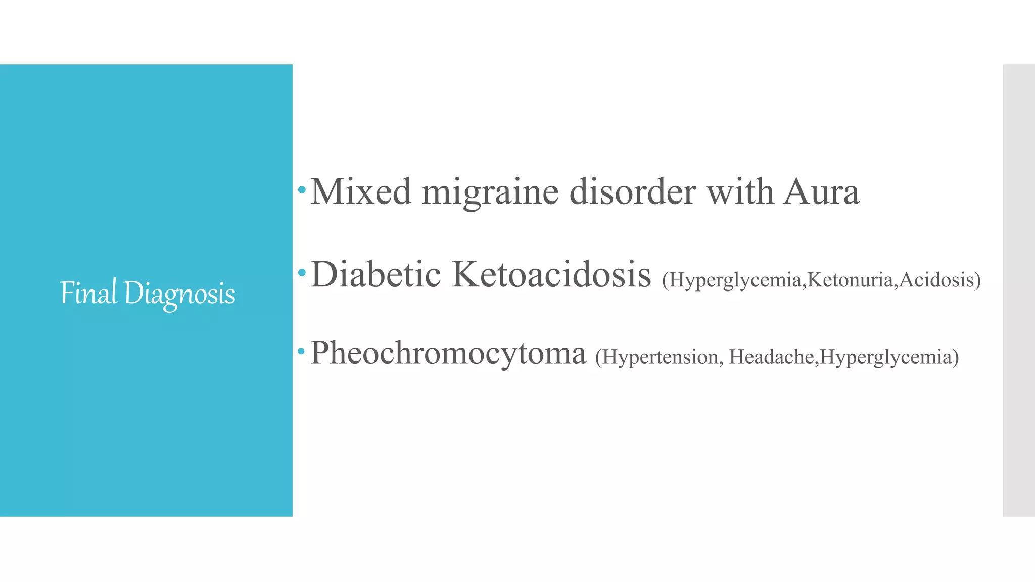 FinalDiagnosis
Mixed migraine disorder with Aura
Diabetic Ketoacidosis (Hyperglycemia,Ketonuria,Acidosis)
Pheochromocytoma (Hypertension, Headache,Hyperglycemia)
 