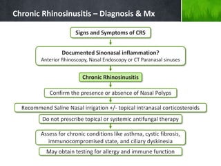 Chronic Rhinosinusitis – Diagnosis & Mx
Signs and Symptoms of CRS
Documented Sinonasal inflammation?
Anterior Rhinoscopy, Nasal Endoscopy or CT Paranasal sinuses
Chronic Rhinosinusitis
Confirm the presence or absence of Nasal Polyps
Recommend Saline Nasal irrigation +/- topical intranasal corticosteroids
Do not prescribe topical or systemic antifungal therapy
Assess for chronic conditions like asthma, cystic fibrosis,
immunocompromised state, and ciliary dyskinesia
May obtain testing for allergy and immune function
 