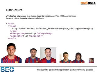 ClinicSEO by @victorHdez @kokebcn @arturomarimon y @kicoes
Estructura
¿Todas las páginas de la web son igual de importantes? de 1200 páginas todas
tienen la misma importancia menos la home.
 
