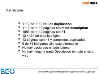 ClinicSEO by @victorHdez @kokebcn @arturomarimon y @kicoes
Estructura
• 1112 de 1112 títulos duplicados
• 1112 de 1112 páginas sin meta-description
• 1085 de 1112 páginas sin h1
• 12 <h2> en toda la página
• 13 páginas con h1 y contenidos duplicados
• 0 de 74 imágenes sin texto alternativo
• No hay declarado ningún idioma
• No hay ninguna meta Description en todo el sitio
web
 