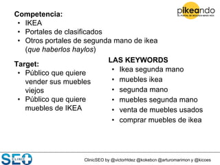 ClinicSEO by @victorHdez @kokebcn @arturomarimon y @kicoes
Competencia:
• IKEA
• Portales de clasificados
• Otros portales de segunda mano de ikea
(que haberlos haylos)
Target:
• Público que quiere
vender sus muebles
viejos
• Público que quiere
muebles de IKEA
LAS KEYWORDS
• Ikea segunda mano
• muebles ikea
• segunda mano
• muebles segunda mano
• venta de muebles usados
• comprar muebles de ikea
 