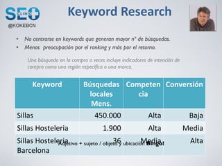 <ul><li>No centrarse en keywords que generan mayor nº de búsquedas. </li></ul><ul><li>Menos  preocupación por el ranking y...