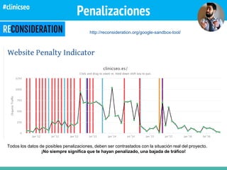Penalizaciones
http://reconsideration.org/google-sandbox-tool/
Todos los datos de posibles penalizaciones, deben ser contrastados con la situación real del proyecto.
¡No siempre significa que te hayan penalizado, una bajada de tráfico!
#clinicseo
 