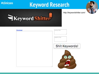 Keyword Research
http://keywordshitter.com/
#clinicseo
 