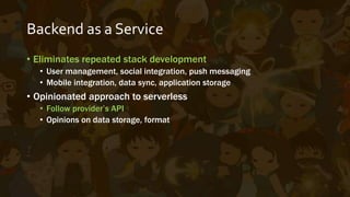 Backend as a Service
var user = new User(username, password);
await app.Users().CreateAsync(user);
var product = await app.Data<Item>().GetById(10);
var pages = await app.Search(“Pages”,
SearchType.Contains, searchTerm);
 