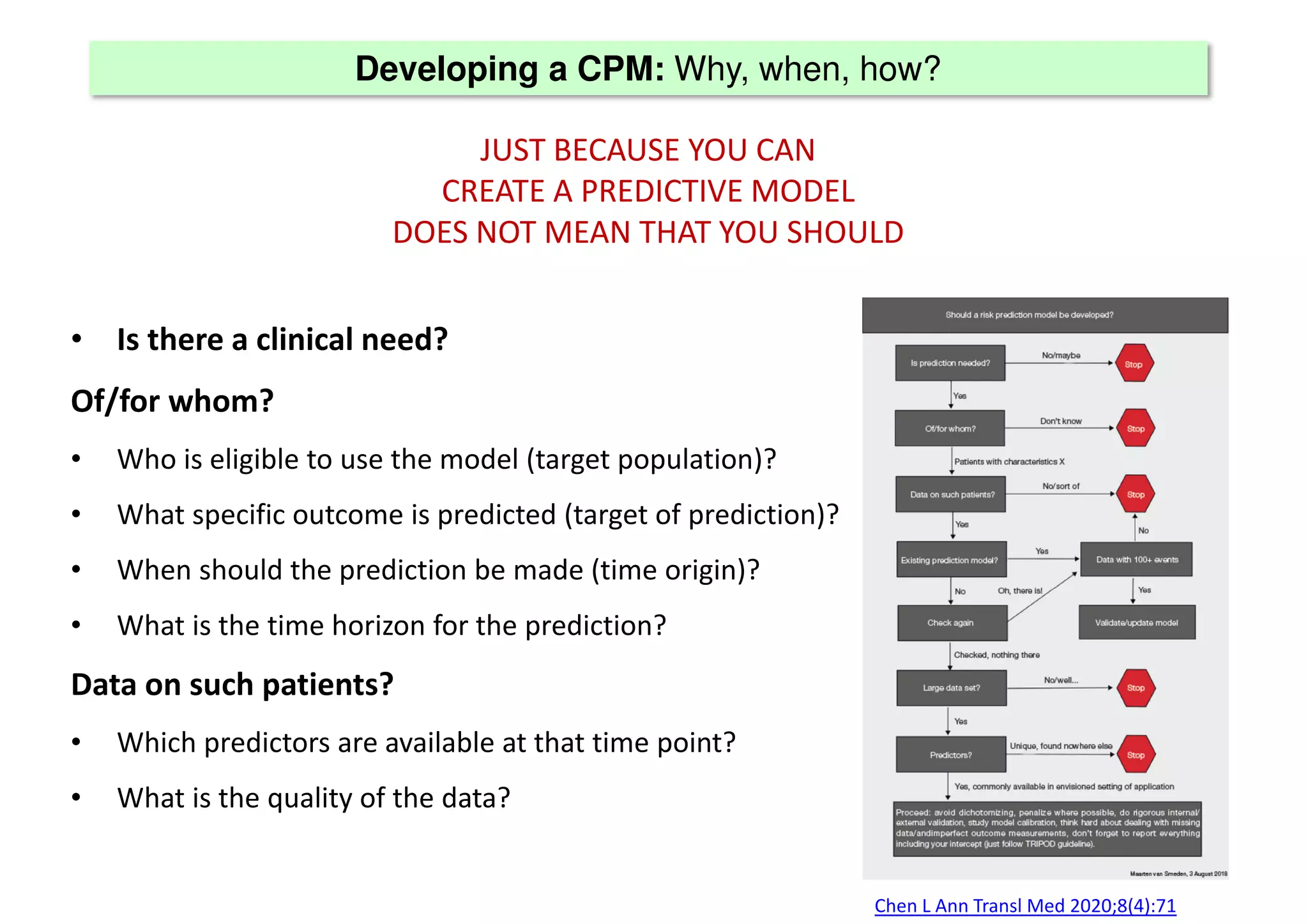 Developing a CPM: Why, when, how?
• Is there a clinical need?
Of/for whom?
• Who is eligible to use the model (target population)?
• What specific outcome is predicted (target of prediction)?
• When should the prediction be made (time origin)?
• What is the time horizon for the prediction?
Data on such patients?
• Which predictors are available at that time point?
• What is the quality of the data?
Chen L Ann Transl Med 2020;8(4):71
JUST BECAUSE YOU CAN
CREATE A PREDICTIVE MODEL
DOES NOT MEAN THAT YOU SHOULD
 