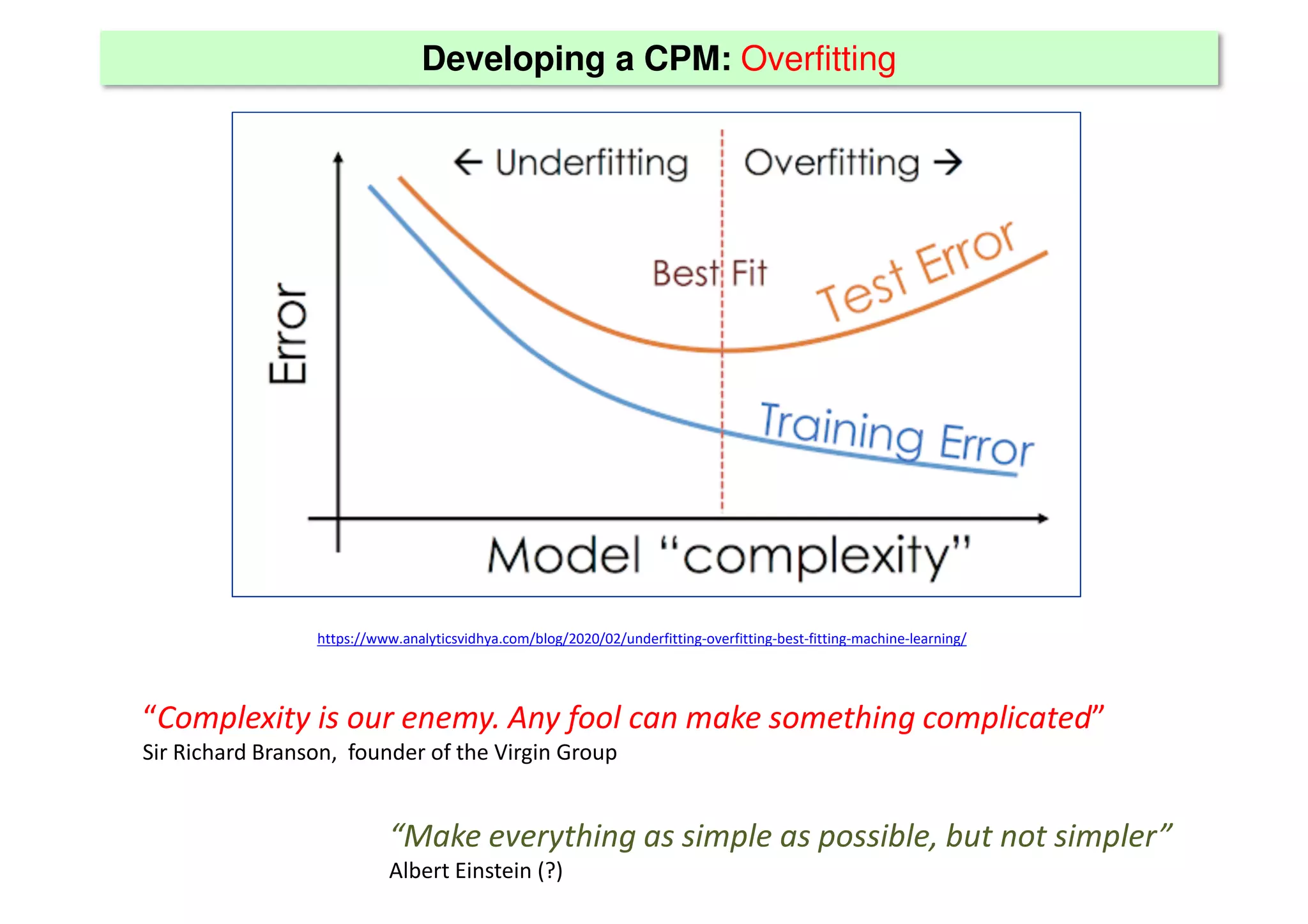 Developing a CPM: Overfitting
https://www.analyticsvidhya.com/blog/2020/02/underfitting-overfitting-best-fitting-machine-learning/
“Make everything as simple as possible, but not simpler”
Albert Einstein (?)
“Complexity is our enemy. Any fool can make something complicated”
Sir Richard Branson, founder of the Virgin Group
 