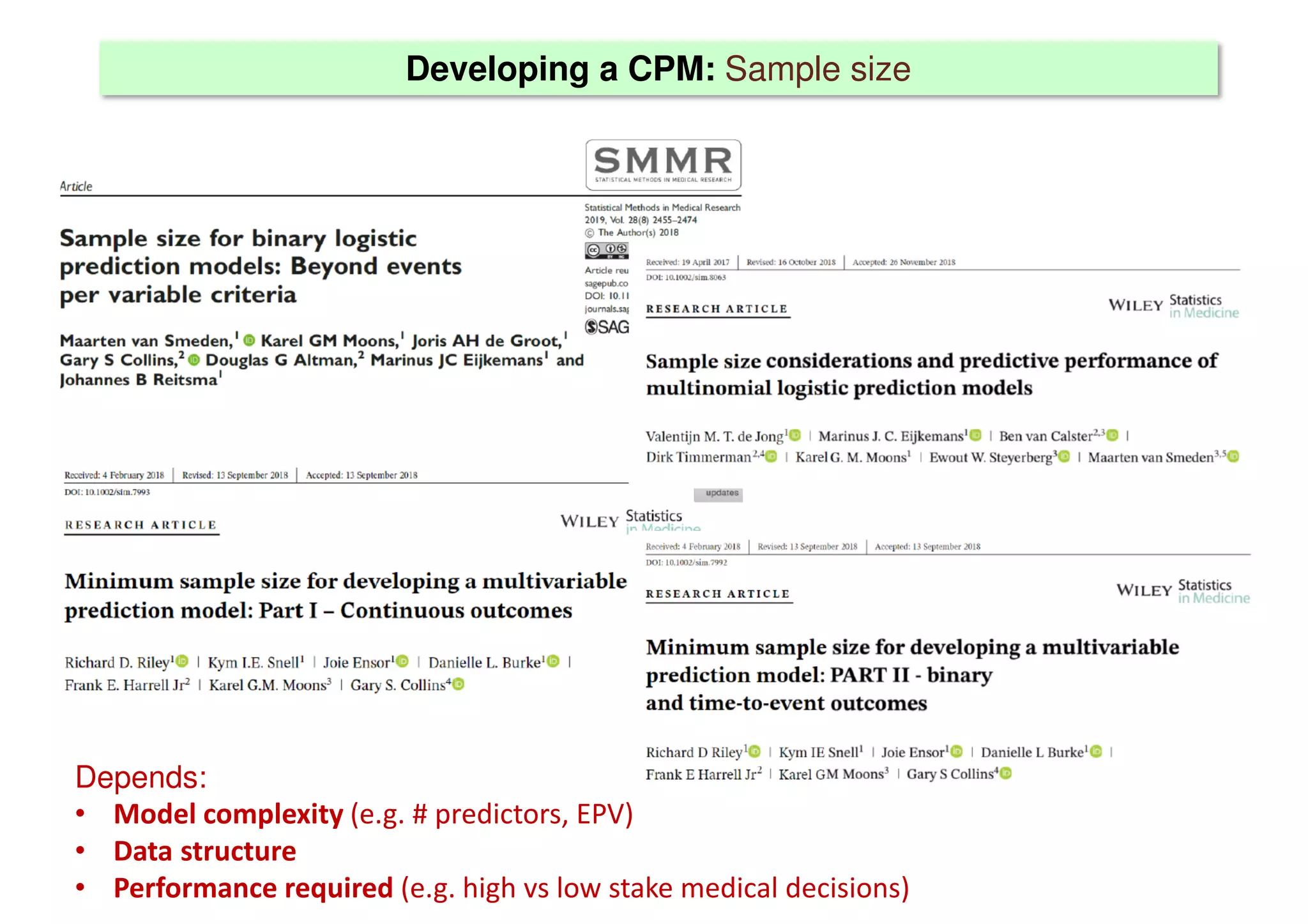 Developing a CPM: Sample size
Depends:
• Model complexity (e.g. # predictors, EPV)
• Data structure
• Performance required (e.g. high vs low stake medical decisions)
 