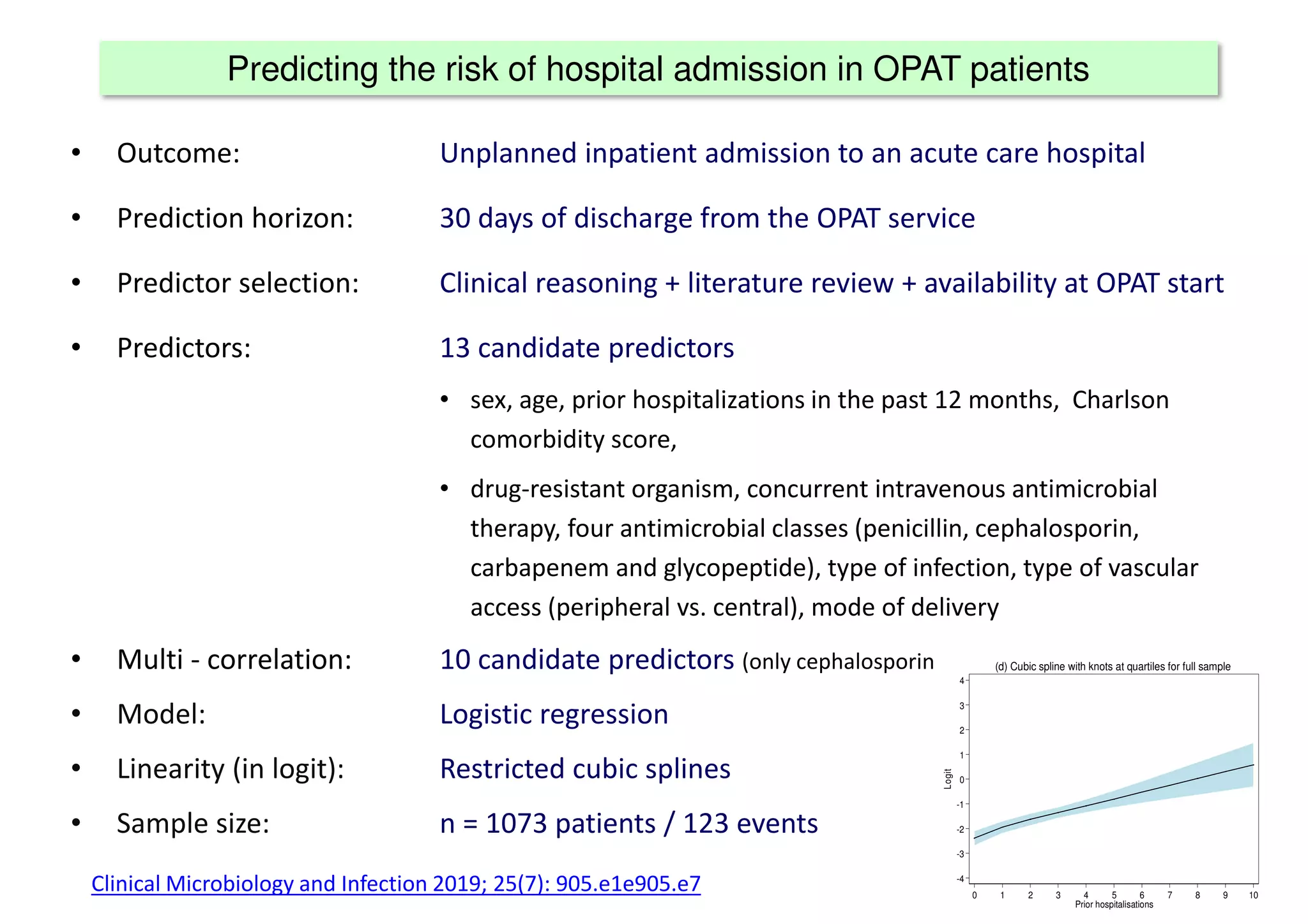 Predicting the risk of hospital admission in OPAT patients
• Outcome: Unplanned inpatient admission to an acute care hospital
• Prediction horizon: 30 days of discharge from the OPAT service
• Predictor selection: Clinical reasoning + literature review + availability at OPAT start
• Predictors: 13 candidate predictors
• sex, age, prior hospitalizations in the past 12 months, Charlson
comorbidity score,
• drug-resistant organism, concurrent intravenous antimicrobial
therapy, four antimicrobial classes (penicillin, cephalosporin,
carbapenem and glycopeptide), type of infection, type of vascular
access (peripheral vs. central), mode of delivery
• Multi - correlation: 10 candidate predictors (only cephalosporins retained)
• Model: Logistic regression
• Linearity (in logit): Restricted cubic splines
• Sample size: n = 1073 patients / 123 events
-4
-3
-2
-1
0
1
2
3
4
Logit
0 1 2 3 4 5 6 7 8 9 10
Prior hospitalisations
(d) Cubic spline with knots at quartiles for full sample
Clinical Microbiology and Infection 2019; 25(7): 905.e1e905.e7
 