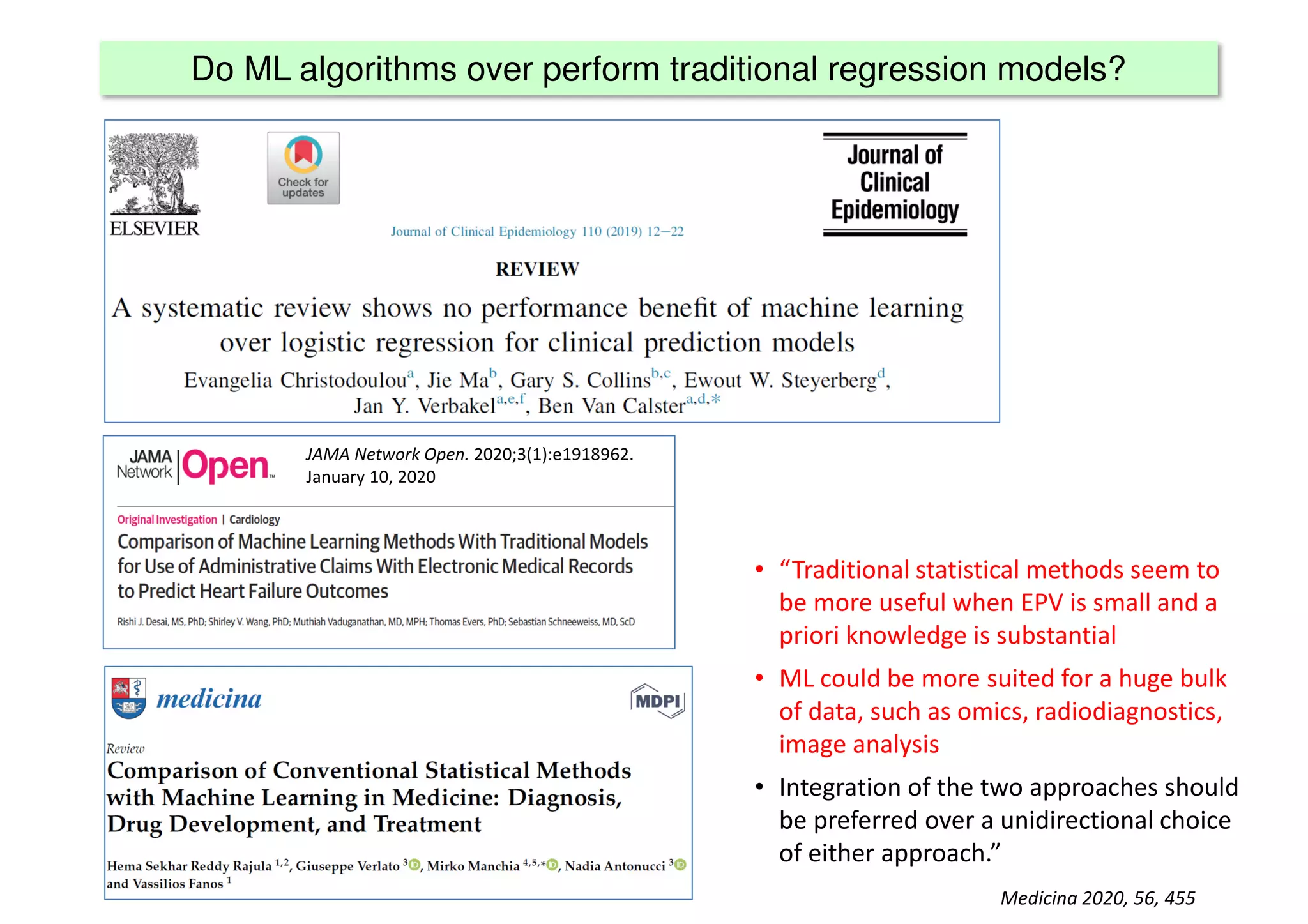 Do ML algorithms over perform traditional regression models?
JAMA Network Open. 2020;3(1):e1918962.
January 10, 2020
• “Traditional statistical methods seem to
be more useful when EPV is small and a
priori knowledge is substantial
• ML could be more suited for a huge bulk
of data, such as omics, radiodiagnostics,
image analysis
• Integration of the two approaches should
be preferred over a unidirectional choice
of either approach.”
Medicina 2020, 56, 455
 