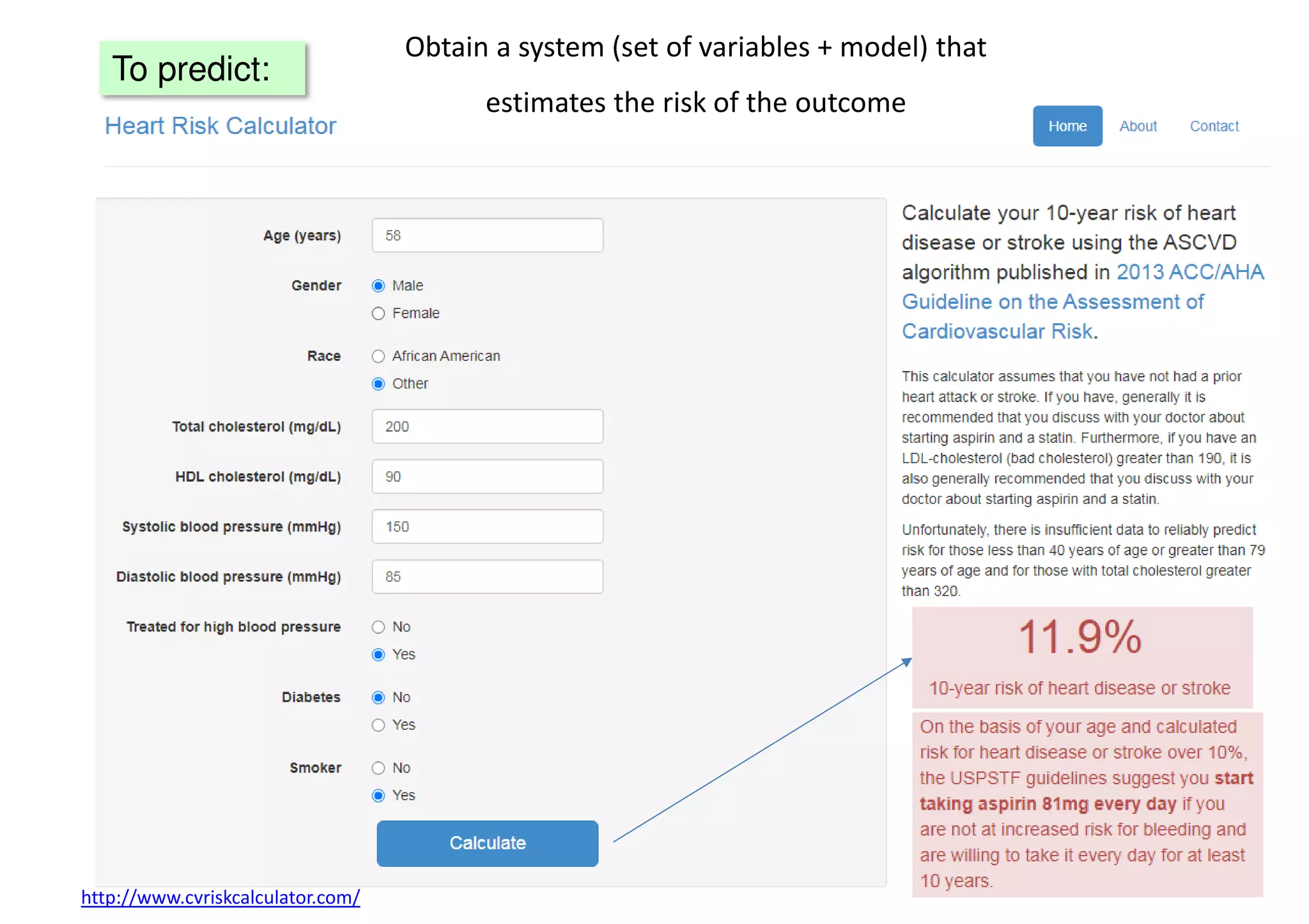 To predict:
http://www.cvriskcalculator.com/
Obtain a system (set of variables + model) that
estimates the risk of the outcome
 