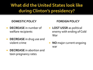DOMESTIC POLICY
 DECREASE in number of
welfare recipients
 DECREASE in drug use and
violent crime
 DECREASE in abortion and
teen pregnancy rates
FOREIGN POLICY
 LOST USSR as political
enemy with ending of Cold
War
 NO major current ongoing
war
 
