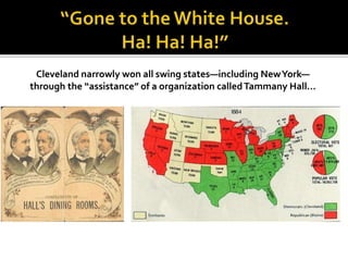 Cleveland narrowly won all swing states—including NewYork—
through the “assistance” of a organization calledTammany Hall…
 