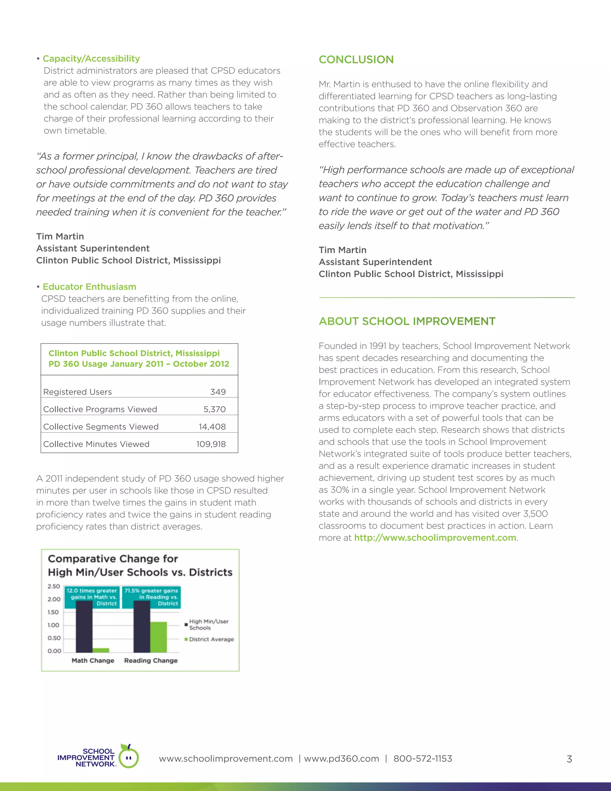 • Capacity/Accessibility                                       CONCLUSION
  District administrators are pleased that CPSD educators 		
  are able to view programs as many times as they wish 		      Mr. Martin is enthused to have the online flexibility and
  and as often as they need. Rather than being limited to      differentiated learning for CPSD teachers as long-lasting
  the school calendar, PD 360 allows teachers to take 		       contributions that PD 360 and Observation 360 are
  charge of their professional learning according to their     making to the district’s professional learning. He knows
  own timetable.                                               the students will be the ones who will benefit from more
                                                               effective teachers.
“As a former principal, I know the drawbacks of after-
school professional development. Teachers are tired            “High performance schools are made up of exceptional
or have outside commitments and do not want to stay            teachers who accept the education challenge and
for meetings at the end of the day. PD 360 provides            want to continue to grow. Today’s teachers must learn
needed training when it is convenient for the teacher.”        to ride the wave or get out of the water and PD 360
                                                               easily lends itself to that motivation.”
Tim Martin
Assistant Superintendent                                       Tim Martin
Clinton Public School District, Mississippi                    Assistant Superintendent
                                                               Clinton Public School District, Mississippi
• Educator Enthusiasm
 CPSD teachers are benefitting from the online, 			
 individualized training PD 360 supplies and their
 usage numbers illustrate that.                                ABOUT SCHOOL IMPROVEMENT

                                                               Founded in 1991 by teachers, School Improvement Network
  Clinton Public School District, Mississippi
                                                               has spent decades researching and documenting the
  PD 360 Usage January 2011 – October 2012
                                                               best practices in education. From this research, School
                                                               Improvement Network has developed an integrated system
 Registered Users                        349                   for educator effectiveness. The company’s system outlines
 Collective Programs Viewed            5,370                   a step-by-step process to improve teacher practice, and
                                                               arms educators with a set of powerful tools that can be
 Collective Segments Viewed           14,408                   used to complete each step. Research shows that districts
 Collective Minutes Viewed           109,918                   and schools that use the tools in School Improvement
                                                               Network’s integrated suite of tools produce better teachers,
                                                               and as a result experience dramatic increases in student
A 2011 independent study of PD 360 usage showed higher         achievement, driving up student test scores by as much
minutes per user in schools like those in CPSD resulted        as 30% in a single year. School Improvement Network
in more than twelve times the gains in student math            works with thousands of schools and districts in every
proficiency rates and twice the gains in student reading       state and around the world and has visited over 3,500
proficiency rates than district averages.                      classrooms to document best practices in action. Learn
                                                               more at http://www.schoolimprovement.com.




                              www.schoolimprovement.com | www.pd360.com | 800-572-1153                                     3
 