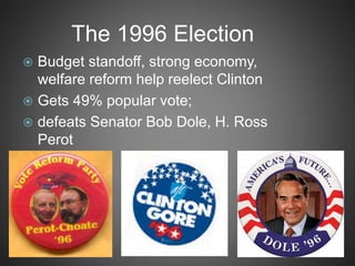 The 1996 Election
 Budget standoff, strong economy,
welfare reform help reelect Clinton
 Gets 49% popular vote;
 defeats Senator Bob Dole, H. Ross
Perot
 
