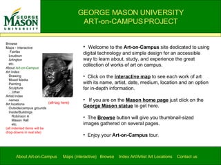 GEORGE MASON UNIVERSITY ART-on-CAMPUS PROJECT About Art-on-Campus  Maps (interactive)  Browse  Index Art/Artist Art Locations  Contact us   Browse Maps - interactive Fairfax Loudoun Arlington etc. About  Art-on-Campus Art Index Drawing Mixed Media Painting Sculpture … other Artist Index names Art locations Outside/campus grounds Inside/Buildings Robinson A Mason Hall etc. (all indented items will be drop-downs in real site) ,[object Object],[object Object],[object Object],[object Object],[object Object],(alt-tag here) 