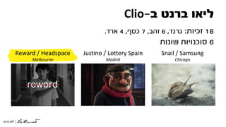 ‫ב‬ ‫ברנט‬ ‫ליאו‬-Clio
18‫זכיות‬:‫גרנד‬,6‫זהב‬,7‫כסף‬,4‫ארד‬.
6‫שונות‬ ‫סוכנויות‬
Reward / Headspace
Melbourne
Justino / Lottery Spain
Madrid
Snail / Samsung
Chicago
 