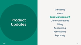 22
Marketing
Intake
Case Management
Communications
Billing
Accounting
Permissions
Reporting
Product
Updates
 