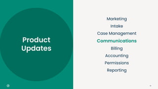 47
Marketing
Intake
Case Management
Communications
Billing
Accounting
Permissions
Reporting
Product
Updates
 