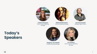 6
Today’s
Speakers
Claire Simpson
Senior Product Marketing
Manager
Liz Hudson
Senior Customer Marketing
Manager
Joe Kaczrowski
Manager, Legal Content
Meghan Archibald
Product Marketing Manager
Nisha Krithivasan
Product Marketing Manager
 
