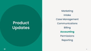 62
Marketing
Intake
Case Management
Communications
Billing
Accounting
Permissions
Reporting
Product
Updates
 