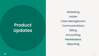 66
Marketing
Intake
Case Management
Communications
Billing
Accounting
Permissions
Reporting
Product
Updates
 