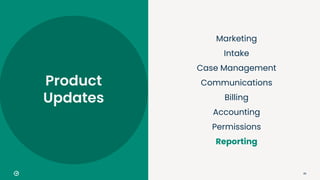 69
Marketing
Intake
Case Management
Communications
Billing
Accounting
Permissions
Reporting
Product
Updates
 