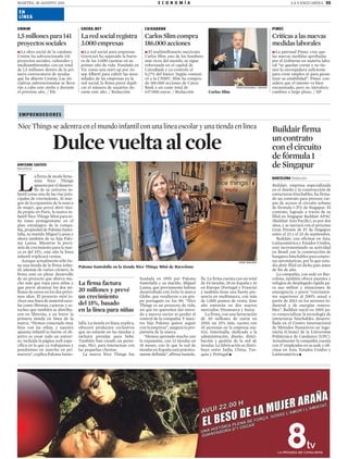 MARTES, 30 AGOSTO 2011 E C O N O M Í A LA VANGUARDIA 55
]La patronal Pimec cree que
las nuevas medidas aprobadas
por el Gobierno en materia labo-
ral “se quedan cortas y no tie-
nen la envergadura suficiente
para crear empleo ni para garan-
tizar su estabilidad”. Pimec con-
sidera que el intento va bien
encaminado, pero no introduce
cambios a largo plazo. / EP
]El multimillonario mexicano
Carlos Slim, uno de los hombres
más ricos del mundo, se sigue
reforzando en el capital de
CaixaBank y ya controla el
0,17% del banco. Según comuni-
có a la CNMV, Slim ha compra-
do 186.000 acciones de Caixa-
Bank a un coste total de
637.000 euros. / Redacción
]La red social para empresas
Grera.net ha superado la barre-
ra de las 3.000 cuentas en su
primer año de vida. Fundada en
Vic como una start-up por Jo-
sep Albertí para cubrir las nece-
sidades de las empresas en la
red social, la firma prevé dupli-
car el número de usuarios du-
rante este año. / Redacción
]La obra social de la catalana
Unnim ha subvencionado 141
proyectos sociales, culturales y
medioambientales con un total
de 1,5 millones dentro de la pri-
mera convocatoria de ayudas
que ha abierto Unnim. Las ini-
ciativas subvencionadas se lleva-
rán a cabo este otoño y durante
el próximo año. / Efe
Críticasalasnuevas
medidaslaborales
CarlosSlim compra
186.000acciones
Laredsocialregistra
3.000empresas
1,5millonespara141
proyectossociales
PIMEC
ROSER VILALLONGA / ARCHIVO
Carlos Slim
CAIXABANKGRERA.NET
AINTZANE GASTESI
Barcelona
L
a firma de moda feme-
nina Nice Things
apuesta por el desarro-
llo de su universo in-
fantil como una de las vías prin-
cipales de crecimiento. Al mar-
gen de la expansión de la marca
de mujer, que prevé abrir tien-
da propia en París, la marca in-
fantil Nice Things Mini para ni-
ña toma protagonismo en el
plan estratégico de la compa-
ñía, propiedad de Paloma Santo-
lalla, su marido Miguel Lanna y
ahora también de su hija Palo-
ma Lanna. Mientras la previ-
sión de crecimiento para la mar-
ca es del 15%, este año la línea
infantil triplicará ventas.
Aunque actualmente sólo tie-
ne una tienda de la firma infan-
til, además de varios córners, la
firma está en pleno desarrollo
de un proyecto que abarca mu-
cho más que ropa para niñas y
que prevé alcanzar los dos mi-
llones de euros en los dos próxi-
mos años. El proyecto mini in-
cluye una línea de material esco-
lar como libretas, carteras y es-
tuches que también se distribu-
yen en librerías, y en breve la
primera tienda en línea de la
marca. “Hemos conectado muy
bien con las niñas, y nuestra
apuesta infantil es fuerte: el ob-
jetivo es crear todo un univer-
so, incluida la página web espe-
cífica en la que ya trabajamos y
pondremos en marcha en pri-
mavera”, explica Paloma Santo-
lalla. La tienda en línea, explica,
ofrecerá productos exclusivos
que no estarán en las tiendas e
incluirá prendas para bebé.
También han creado un perso-
naje, Nici, para interactuar con
las pequeñas clientas.
La marca Nice Things fue
fundada en 1995 por Paloma
Santolalla y su marido, Miguel
Lanna, que previamente habían
desarrollado con éxito la marca
Globe, que vendieron a un gru-
po portugués en los 90. “Nice
Things es un proyecto de vida,
así que no queremos dar entra-
da a nuevos socios ni perder el
control de la compañía. Y nues-
tra hija Paloma quiere seguir
con la empresa”, asegura la pro-
pietaria de la marca.
“Hemos apretado mucho con
la expansión, con 12 tiendas en
18 meses, con lo que la red de
tiendas en España está práctica-
mente definida”, afirma Santola-
lla. La firma cuenta con un total
de 54 tiendas, 38 en España y 16
en Europa (Portugal y Francia)
y también tiene una fuerte pre-
sencia en multimarca, con más
de 1.000 puntos de venta. Este
año entrarán en dos nuevos
mercados: Dinamarca y Suiza.
La firma, con una facturación
de 20 millones de euros en
2010, un 25% más, cuenta con
35 personas en la empresa ma-
triz, Intermalla, dedicada a la
administración, diseño, distri-
bución y gestión de la red de
tiendas. La fabricación se distri-
buye entre India, China, Tur-
quía y Portugal.c
BARCELONA Redacción
Buildair, empresa especializada
en el diseño y la construcción de
estructuras hinchables, ha firma-
do un contrato para proveer car-
pas de acceso al circuito urbano
de fórmula 1 (F1) de Singapur. El
contrato, logrado a través de su
filial en Singapur Buildair APAC
(Buildair Asia Pacific), es por dos
años, y se iniciará con el próximo
Gran Premio de F1 de Singapur
entre el 23 y el 25 de septiembre.
Buildair, con oficinas en Asia,
Latinoamérica y Estados Unidos,
está incrementando su actividad
en Brasil con la construcción de
hangares hinchables para empre-
sas aeronáuticas, por lo que estu-
dia abrir filial en dicho país antes
de fin de año.
La compañía, con sede en Bar-
celona, también ofrece puentes y
refugios de desplegado rápido pa-
ra uso militar y situaciones de
emergencia, y prevé “crecimien-
tos superiores al 200% anual a
partir de 2012 en los sectores in-
dustrial y de energías renova-
bles”. Buildair nació en 2001 pa-
ra comercializar la tecnología de
estructuras hinchables desarro-
llada en el Centro Internacional
de Métodos Numéricos en Inge-
niería (Cimne) de la Universitat
Politècnica de Catalunya (UPC).
Actualmente la compañía cuenta
con 37 empleados en su sede y ofi-
cinas en Asia, Estados Unidos y
Latinoamérica.c
UNNIM
PEDRO MADUEÑO
Paloma Santolalla en la tienda Nice Things Mini de Barcelona
EN
LÍNEA
La firma factura
20 millones y prevé
un crecimiento
del 15%, basado
en la línea para niñas
Nice Things se adentra en el mundo infantil con una línea escolar y una tienda en línea
Dulcevueltaalcole
Buildairfirma
uncontrato
conelcircuito
defórmula1
deSingapur
EMPRENDEDORES
 