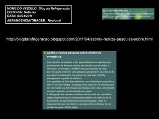 NOME DO VEÍCULO: Blog da Refrigeração
EDITORIA: Notícias
DATA: 04/04/2011
ABRANGÊNCIA/TIRAGEM: Regional




http://blogdarefrigeracao.blogspot.com/2011/04/asbrav-realiza-pesquisa-sobre.html
 