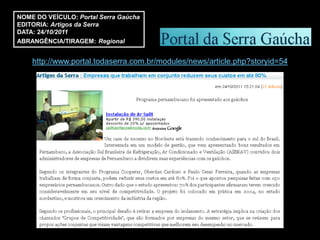 NOME DO VEÍCULO: Portal Serra Gaúcha
EDITORIA: Artigos da Serra
DATA: 24/10/2011
ABRANGÊNCIA/TIRAGEM: Regional


    http://www.portal.todaserra.com.br/modules/news/article.php?storyid=54
 