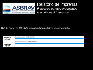 Relatório de imprensa
                                 Releases e notas produzidos
                                 e enviados à imprensa



26/10 - Curso na ASBRAV vai capacitar mecânicos de refrigeração
 