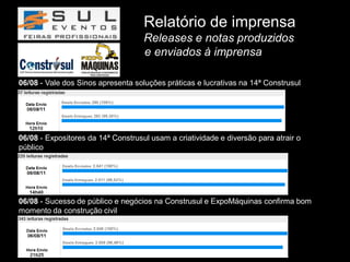 Relatório de imprensa
                                    Releases e notas produzidos
                                    e enviados à imprensa

06/08 - Vale dos Sinos apresenta soluções práticas e lucrativas na 14ª Construsul




06/08 - Expositores da 14ª Construsul usam a criatividade e diversão para atrair o
público




06/08 - Sucesso de público e negócios na Construsul e ExpoMáquinas confirma bom
momento da construção civil
 