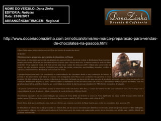 NOME DO VEÍCULO: Dona Zinha
EDITORIA: Notícias
Data: 25/02/2011
ABRANGÊNCIA/TIRAGEM: Regional




http://www.doceriadonazinha.com.br/noticia/otimismo-marca-preparacao-para-vendas-
                          de-chocolates-na-pascoa.html
 
