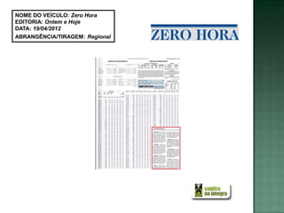 NOME DO VEÍCULO: Zero Hora
EDITORIA: Ontem e Hoje
DATA: 19/04/2012
ABRANGÊNCIA/TIRAGEM: Regional
 