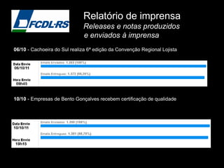 Relatório de imprensa
                              Releases e notas produzidos
                              e enviados à imprensa
06/10 - Cachoeira do Sul realiza 6ª edição da Convenção Regional Lojista




10/10 - Empresas de Bento Gonçalves recebem certificação de qualidade
 