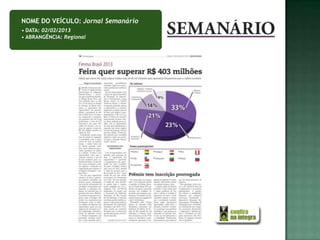 NOME DO VEÍCULO: Jornal Semanário
• DATA: 02/02/2013
• ABRANGÊNCIA: Regional
 