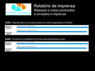 Relatório de imprensa
                              Releases e notas produzidos
                              e enviados à imprensa

15/08 - Hipertensão é a principal causa de morte de gestantes no Brasil




24/08 - Encontro no Hospital de Clínicas discute doenças renais
 