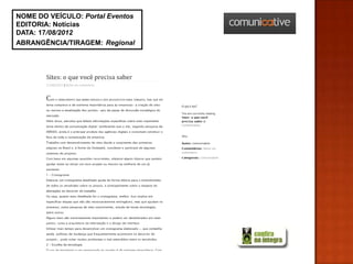 NOME DO VEÍCULO: Portal Eventos
EDITORIA: Notícias
DATA: 17/08/2012
ABRANGÊNCIA/TIRAGEM: Regional
 