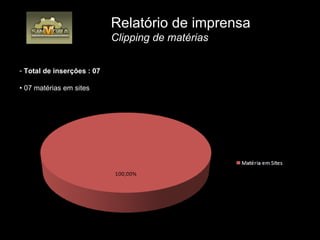 Total de inserções : 07 •  07 matérias em sites   Relatório de imprensa   Clipping de matérias 