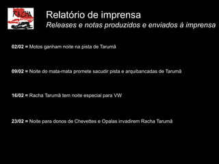 Relatório de imprensa
              Releases e notas produzidos e enviados à imprensa

02/02 = Motos ganham noite na pista de Tarumã




09/02 = Noite do mata-mata promete sacudir pista e arquibancadas de Tarumã



16/02 = Racha Tarumã tem noite especial para VW




23/02 = Noite para donos de Chevettes e Opalas invadirem Racha Tarumã
 